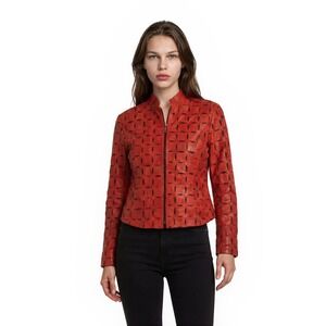 Image Leather Jacket Women's Size XL Red Laser Cut Floral Full Zip Vintage Y2K